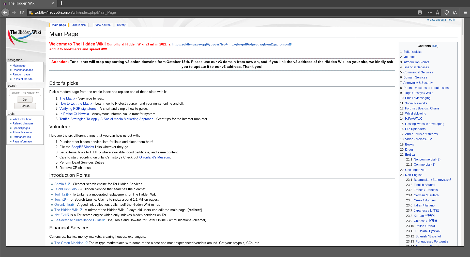 暗网版维基百科的主页 The Hidden Wiki。